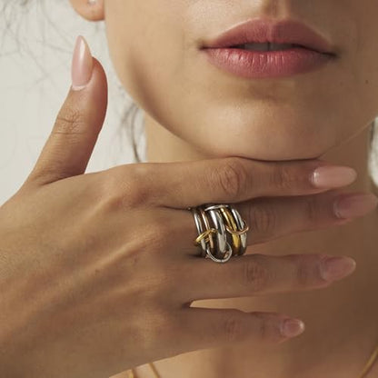 Shapes Studio Trio Linked Ring, stackable Ring, Minimalism style for women, Never Tarnish - size: 9, style: Five Band ( Three Silver, One Gold, One Rose Gold)
