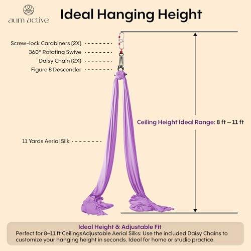 Aerial Silks Yoga Hammock Kit, 11 Yards, Hardware and Swivel | Knitted fabric with swivel and guide, portable carry bag included, for aerial yoga, gymnastics and home gym practice - color: Black