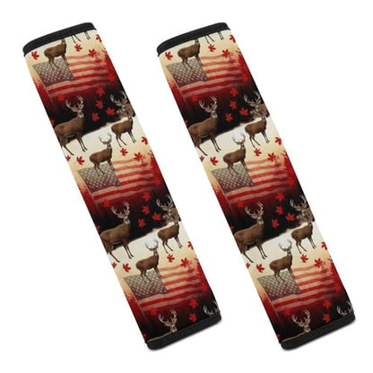 2PCS Red White Elk Deer USA American Flag Car Seat Belt Pad Breathable Shoulder Protector for Girls and Boys, Most Cars, Anti-Slip Pad - color: Pattern 757