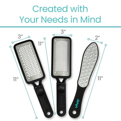Vive Foot File (3 Pack) - Feet Scraper for Dead Skin - Heel Grater, Callus | Remover Scrubber Tool, Rasp for Cracked Heels - Stainless Steel Pedicure Filer for Men & Women - Use on Wet or Dry Skin
