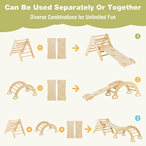 Costzon Climbing Toys for Toddlers, 5 in 1 Foldable Montessori Wooden Arch Climber Ladder with Sliding Ramp, Multi-Combination Methods, Kids Triangle Climber Play Gym Set for Boys Girls Present - style: 5 in 1 Arch Climber Ladder, Natural