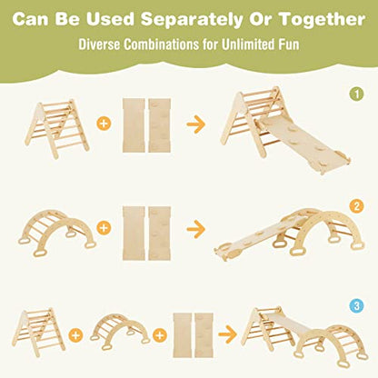 Costzon Climbing Toys for Toddlers, 5 in 1 Foldable Montessori Wooden Arch Climber Ladder with Sliding Ramp, Multi-Combination Methods, Kids Triangle Climber Play Gym Set for Boys Girls Present - style: 5 in 1 Arch Climber Ladder, Natural