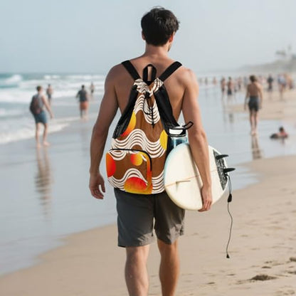 Drawstring Climbing Gym Bag With Pockets Drawstring Bags with Wet Dry Compartments Abstract Art Wave Lines Round Brown