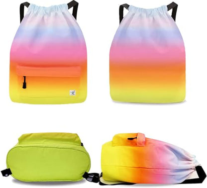 Waterproof Drawstring Bag, Gym Bag Sackpack Sports Beach Backpack for Men Women - color: 08-gradual Rainbow