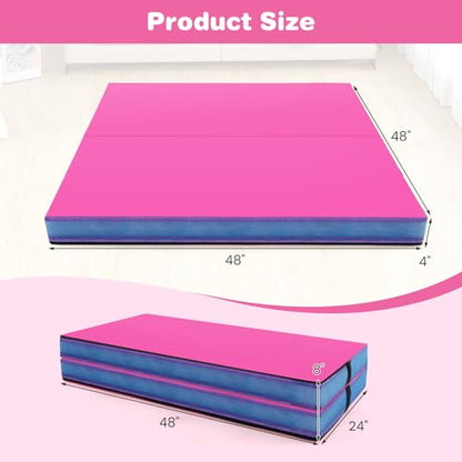 Goplus 4" Thick Folding Gymnastic Mat, Thickened Bi-Fold Fitness Mat with Carrying Handles & PU Leather Cover, Home Gym Tumbling Mat for Stretching, Pilates, Aerobics Workouts - color: Rose&Blue
