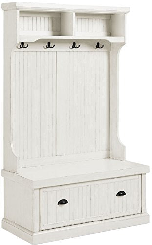 Crosley Furniture Seaside Hall Tree with Shoe Rack Bench and Coat Hooks for Hanging Storage, Distressed White - color: Distressed White, style: Hall Tree