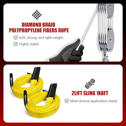 YATOINTO Upgraded Rope Pulley Hoist 4400 LB, 8:1 Pulley Block and Tackle System, Pulley Block 2200LB Loading Capacity, 65ft Heavy Duty Rope Hoist for Hunting Garage Warehouse (with 2PCs Straps) - size: 4 Pulley+2 straps