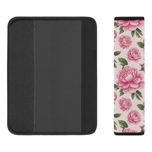 2PCS Floral Peony Pink Flower Green Leaves Seat Belt Cover Soft Padded Neck Strap Covers for Kids, All Vehicles, Comfortable Driving - color: Pattern 407