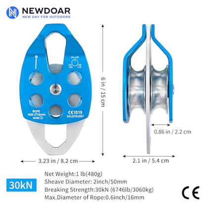 NewDoar 30 KN CE Certified Large Rescue Pulley Single/Double Sheave with Swing Plate - color: Double Pulley - Blue 2pcs