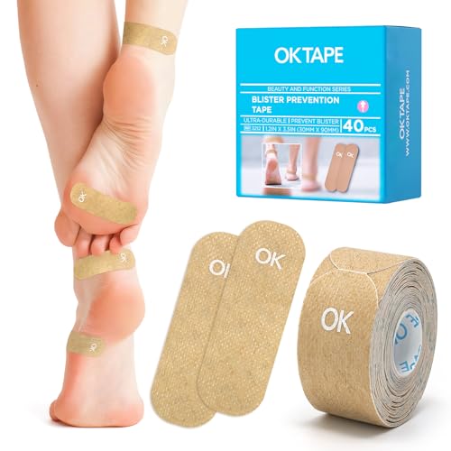 OK TAPE Blister Prevention Tape, 40 Pcs, Moleskin for Blisters, No-Residue Blister Bandages for Feet & Body, Heel Patches, 1.2in X 3.5in Precut Strips - Beige - color: Beige