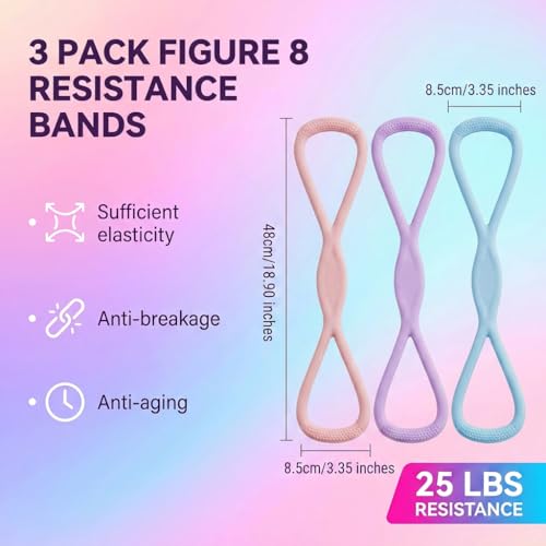 3 Pcs Figure 8 Resistance Bands for Women Men, 8 Shaped Resistance Rubber Band for Arms, Back, Shoulder Stretch with Handles, Not Break, Portable, Pink&Purple&Blue,25LB
