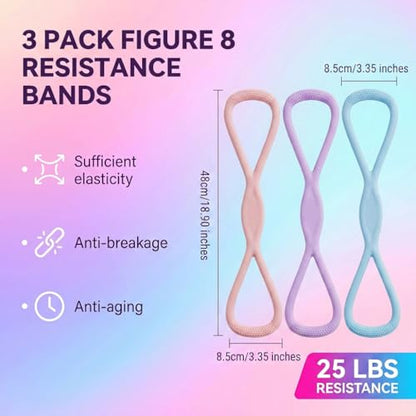 3 Pcs Figure 8 Resistance Bands for Women Men, 8 Shaped Resistance Rubber Band for Arms, Back, Shoulder Stretch with Handles, Not Break, Portable, Pink&Purple&Blue,25LB