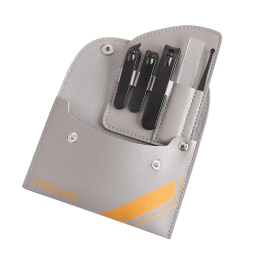 Manicure Set, 5 Piece Nail Care Kit with Carbon Steel Tools (Cuticle Nipper, Small & Large Nail Clippers, Ear Pick, Glass File), Portable Grooming Pouch, Manicure Set Nail Clippers (Gray) - color: Gray