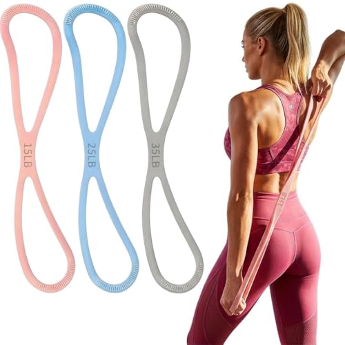 Figure 8 Resistance Bands for Exercise (Set of 3), Figure Eight Band with Comfort Handles for Arms & Back Stretch, Heavy Duty Silicone Posture Corrector for Yoga, Core Training & Flexibility Stretch