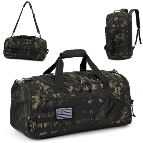 3-in-1 Tactical Duffle Bag Backpack for Men & Women Gym Bags 45L Military Sports Duffel Bag with Shoe Compartment & Wet Pocket Mens Weekender Overnight Bag for Traveling Workout, Camo - color: Camo