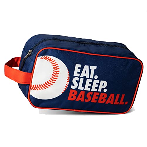 ChalkTalkSPORTS Baseball Toiletry Bag - Eat Sleep Baseball - Navy Blue | Polyester, Center Zipper, Side Handle, 11 x 6 x 5 Inches, Sports Camp Bag, Pencil Case, Dopp Kit, Baseball Gift - color: Eat Sleep Baseball