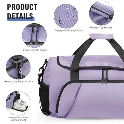 Gym Bag for Men Women, Purple | Shoe Compartment, Wet Pocket, Water Resistant, Shoulder & Messenger Bag, Weekend Overnight Travel - color: Purple