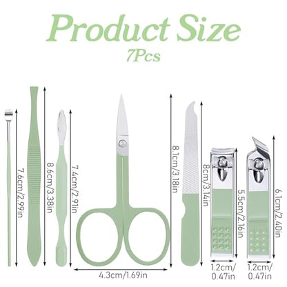 7 Pcs Manicure Set, Travel Nail Clippers with Green Leather Bag, Professional Carbon Steel Travels Nail Care Clippers, 7 in 1 Portable Travel Grooming Kit for Women Men (Green)