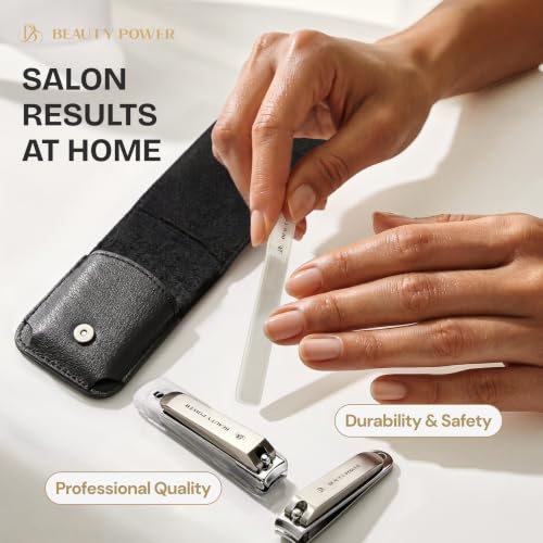 Beauty Power Nail Clippers Set 3 in 1 - Stainless Steel Toe Nail Clippers, Fingernail Clipper, Glass Nail File, Anti Splash, Ergonomic Grip in Black PU Leather Travel Case for Men - Father's Day - color: Black Case