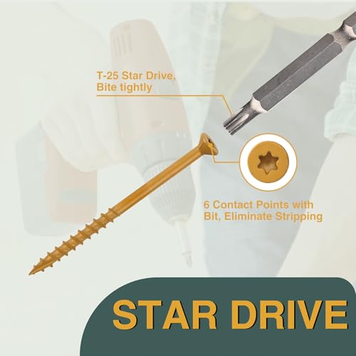 T.K.Excellent Deck Screws 3 Inch Wood Screws #10 x 3, 315 Pcs, Rust Resistant Structural Screws Tan Exterior Fence Screws Torx Drive Screw, Two T25 Bits, Brilliant Yellow Ruspert Coating Rust Proof - size: #10×3