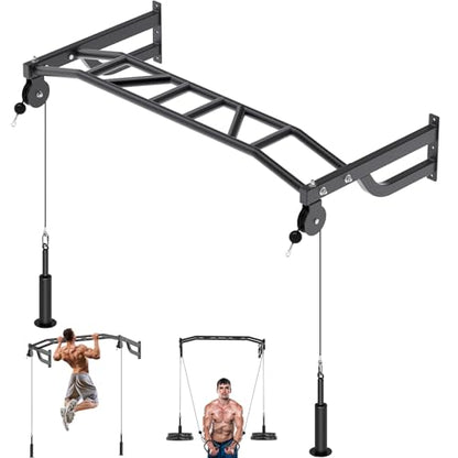 SELEWARE 48'' Heavy Duty Wall Mount Pull Up Bar with Cable Pulley System | Multi-function Chin up Bar with Cable Pulleys LAT Pulldown Attachments Heavy Bag Hanger for Home/Garage Gym Strength Training - color: C. Black Pull Up Bar with Cable Pulley System