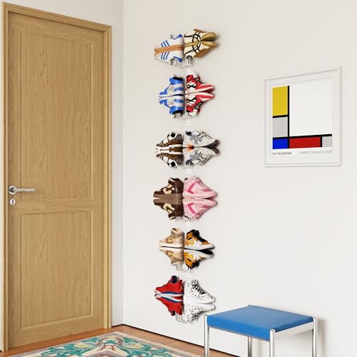 YOWOS Wall Mounted Shoe Rack, 6 Pack Floating Sneaker Display Shelf, Iron Wall Shoe Holder for Shoes, Boots, Heels, Space Saving Organizer (Black/White) (White) - color: White