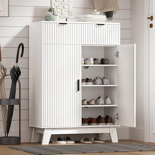 HUANLEGO Shoe Cabinet Storage for Entryway with Doors, White | 4 Tier Fluted Shoe Organizer with 2 Drawers, Shoe Storage with Adjustable Shelves, Freestanding Hidden Shoe Rack for Entryway - color: White, size: 4 Tier