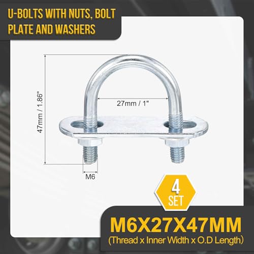 DTGN M6x27x47mm U Bolts Round Kit - 4Set - Carbon Steel U-Bolt Kit with Nuts, Washers, Frame Plate - Good for Pipe, Trailer, Automotive, Leaf Spring Fastener - size: M6x27x47mm