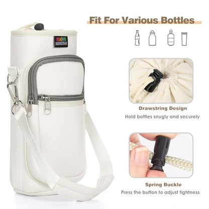 Nuovoware Water Bottle Carrier Bag, 25oz/32oz Water Bottle Holder with Strap, Adjustable Shoulder Hand Strap 2 Pocket Water Bottle Sling Bag Neoprene Sleeve for Hiking Travelling, MilkWhite - color: MilkWhite, size: 25-32 Ounces - Standard