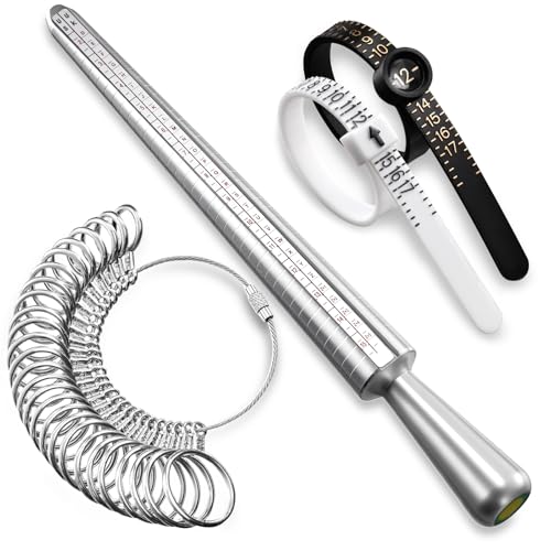 Meowoo Ring Sizer Measuring Tool Set, Ring Gauges with Finger Sizer Mandrel Ring Sizer Tools for Jewelry Sizing Measuring, 4 pcs, Silvery