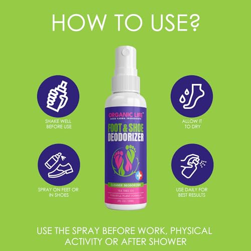 Organic Life Shoe Spray Deodorizer, Eliminator Spray for Foot and Shoe, Tea Tree & Witch Hazel Foot Spray and Shoe Freshener, Shoe Protector Spray, Odour Remover for Shoes