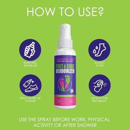 Organic Life Shoe Spray Deodorizer, Eliminator Spray for Foot and Shoe, Tea Tree & Witch Hazel Foot Spray and Shoe Freshener, Shoe Protector Spray, Odour Remover for Shoes