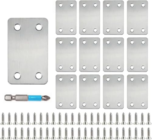 QSJ 12 Pack Flat Mending Plate, Metal Bracket, Stainless Steel Brace 2.36 x 1.49'', Fixing Joining Plate for Wood with 48PCS Screws, 1x Screwdriver., Black, QSJ-03 - size: Silver, 2.36x1.49''