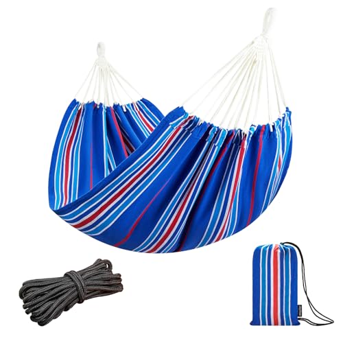 JoyView Brazilian Hammock for Single Person Portable Hammock with Hanging Ropes & Carry Bag Large 78.8x39.4” for Patio 300LBS Capacity Perfect for Outdoor/Indoor - Blue Stripe - color: Blue&red Stripes