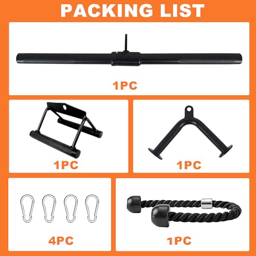 Fitvids Cable Attachment Set 800LB LoadCapacity Tricep Rope, Row Handle, StraightBar, V Bar Commercial Grade Cable MachineAccessories for Home Gym Workouts - size: 5-Piece Set-Black
