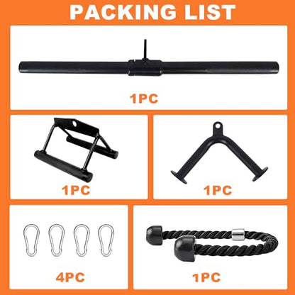 Fitvids Cable Attachment Set 800LB LoadCapacity Tricep Rope, Row Handle, StraightBar, V Bar Commercial Grade Cable MachineAccessories for Home Gym Workouts - size: 5-Piece Set-Black