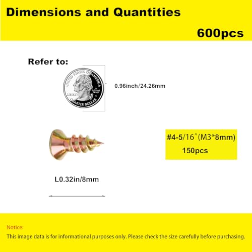 #4 Flat Head Phillips Wood Screws 150Pcs, Yellow Zinc, 5/16" | M3x8mm Yellow Zinc small hardware. Ideal countersunk solution for assembling wooden cabinets and furniture. - color: Yellow, size: #4 x 5/16''-150pcs
