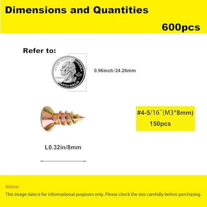 #4 Flat Head Phillips Wood Screws 150Pcs, Yellow Zinc, 5/16" | M3x8mm Yellow Zinc small hardware. Ideal countersunk solution for assembling wooden cabinets and furniture. - color: Yellow, size: #4 x 5/16''-150pcs