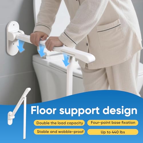 26.8 INCH Flip-Up Toilet Grab Bar with Support Leg, Wall-Mounted Safety Rail for Bathroom, Night Glow Strips on Both Sides, Folding Handrail for Elderly & Disabled - size: 26.8 In with Support Leg