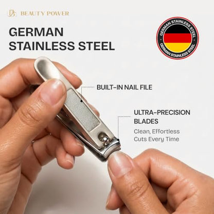 Beauty Power Nail Clippers Set 3 in 1 - Stainless Steel Toe Nail Clippers, Fingernail Clipper, Glass Nail File, Anti Splash, Ergonomic Grip in Brown PU Leather Travel Case for Men - Father's Day - color: Brown Case