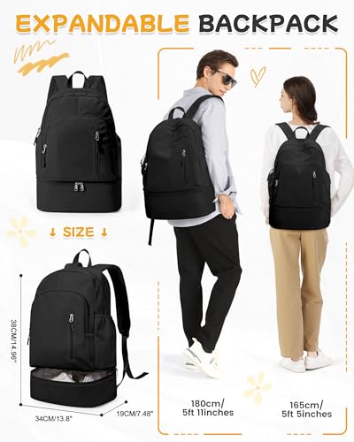 BJLFS Small Black Gym Backpack for Women Men, Waterproof Gym Track Bag with Expandable Shoe Compartment, Lightweight Mini Casual Daypack Sports Back Pack for Travel Hiking Dance Yoga Fitness Track - color: Black
