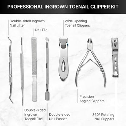 Ingrown Toenail Clippers for Seniors Thick Toenails, 7 Pcs Heavy Duty Large Pedicure Toe Nail Clipper Set with Wide Opening, Includes Nail Cutter, File, Lifter, Cuticle Pusher, Travel Case - color: 7 Pcs Set (360° Clippers + Cuticle Clipper)