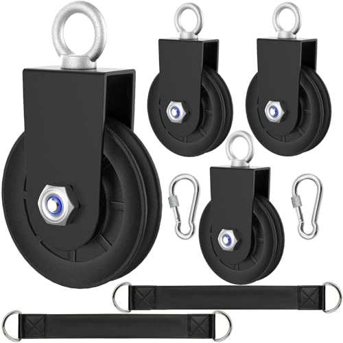 BESTEEL 4Pcs 90mm Nylon Gym Pulleys Cable Pulley Wheel with Strap&Carabiner | 3.5 In 360 Degree Rotation Silent Bearing Detachable Traction Wheel For Gym Weight Lifting Replacement System,DIY,Home