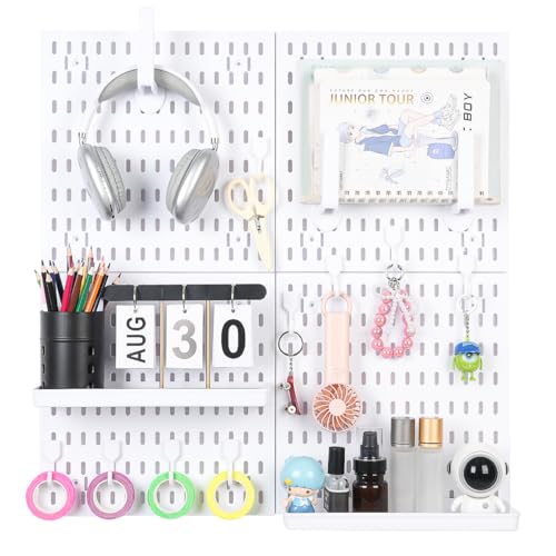 White Pegboard Wall Organizer Kit, Craft Room, 4 Panels Hooks & Shelves | Peg board accessories for sewing, desk and home office, ABS storage with bins, holds small parts, easy to clean, maker gift - color: (White,24IN×24IN )
