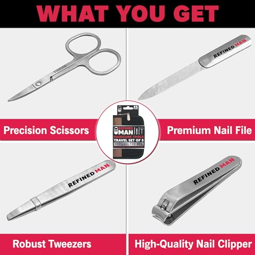 BLKSMITH Refined Man Manicure and Pedicure Kit Set of 5 - Manicure Kit for Men - Nail Clipper Kit with Nail File, Clippers, Scissors, Tweezer & Travel Case - Designed for Men (Black) - color: Black