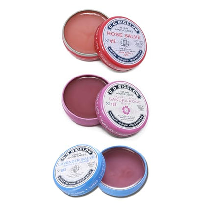 C.O. Bigelow Assorted Salve Tins, Rose, Lavender, and Sakura Rose | All Purpose Salve for Lips, Cuticles, Hands & Dry Skin - Lip Balm Set - Multi Purpose Moisture - Travel Friendly Tins