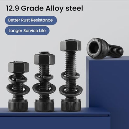 (30 Sets) M5 x 50mm Hex Socket Head Cap Screws Bolts and Nuts, Flat & Lock Washers Kits, 12.9 Grade Alloy Steel, Allen Socket Drive,Black Oxide Finish, Full Threads,with Hex Spanner - size: M5x50mm