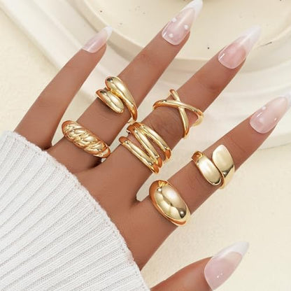 YEEZII Chunky Gold Rings for Women Non Tarnish, 18K Gold Plated Stackable Thumb Ring, Statement Women Rings Set - color: Gold