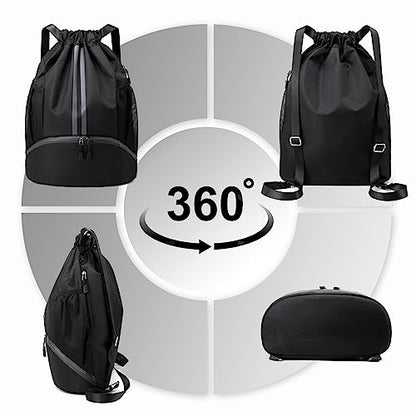 Hoedia Sports Drawstring Backpack - String Swim Gym Bag with Shoes Compartment and Wet Proof Pocket for Women&Men | String Bag with Shoes Compartment and Wet Proof Pocket, Adjustable Wider Shoulder Strap, For Soccer, Basketabll, Volleyball - color: Black,