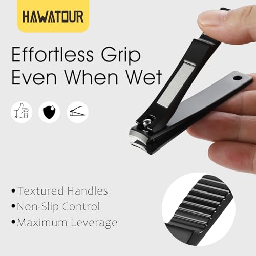 HAWATOUR Nail Clippers Set, Curved Stainless Steel Blade, Black | Professional Fingernail & Toenail Clippers, Compact Tin Case